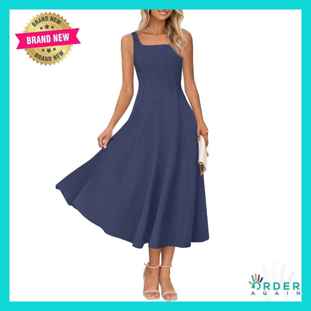 Sleeveless Square Neck Midi Dress Smocked Back Flowy A-Line Summer Chic